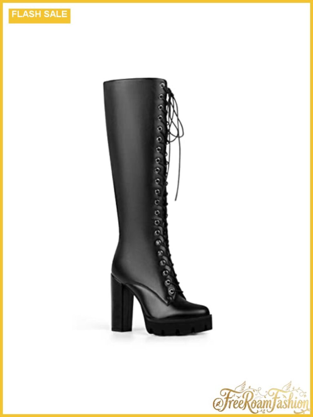 Womens Lace Up Knee High Platform Boots Chunky Heel